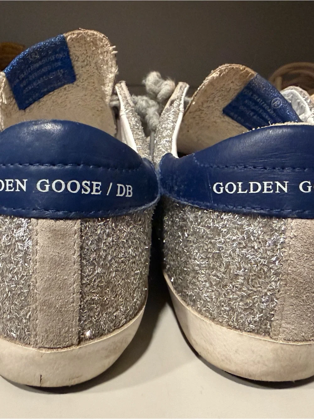Golden Goose Silver Glitter Superstar Sneakers with Blue Heel